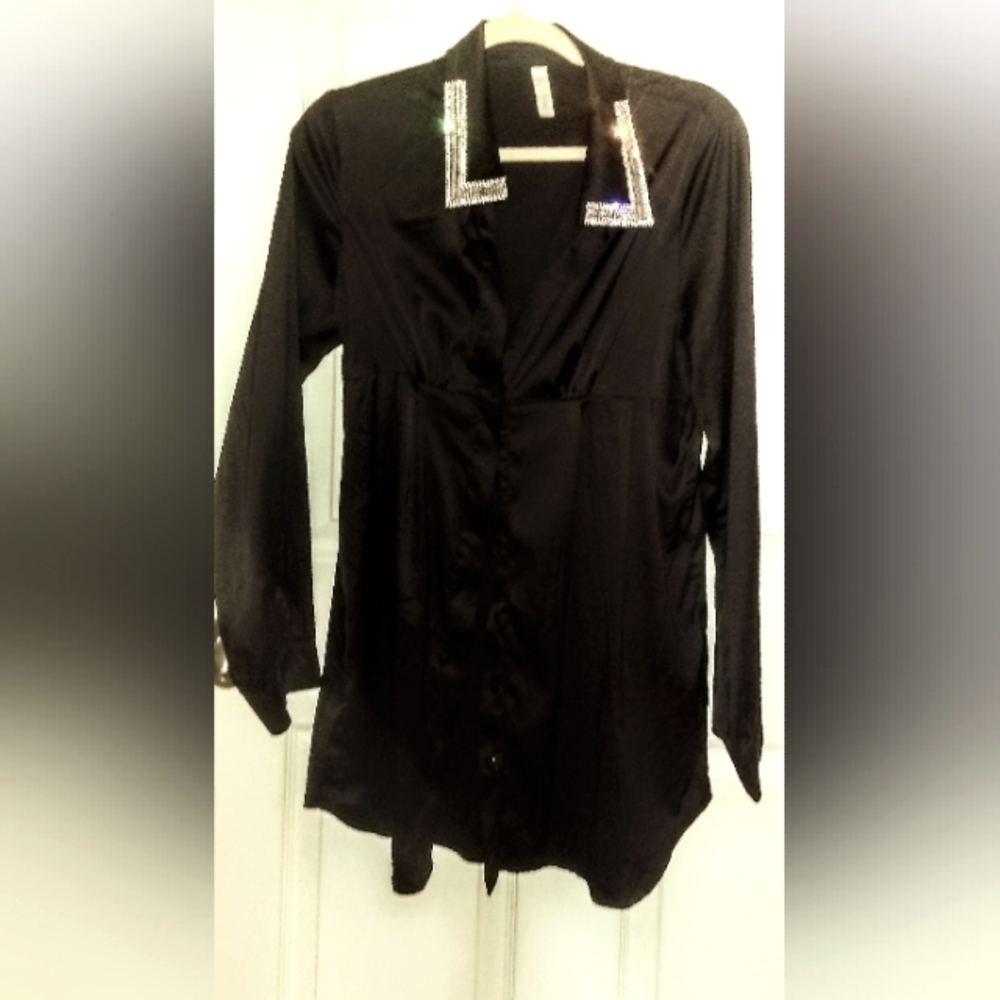 Primi Australian Brand Black Button up Blouse with Rhinestone Collar